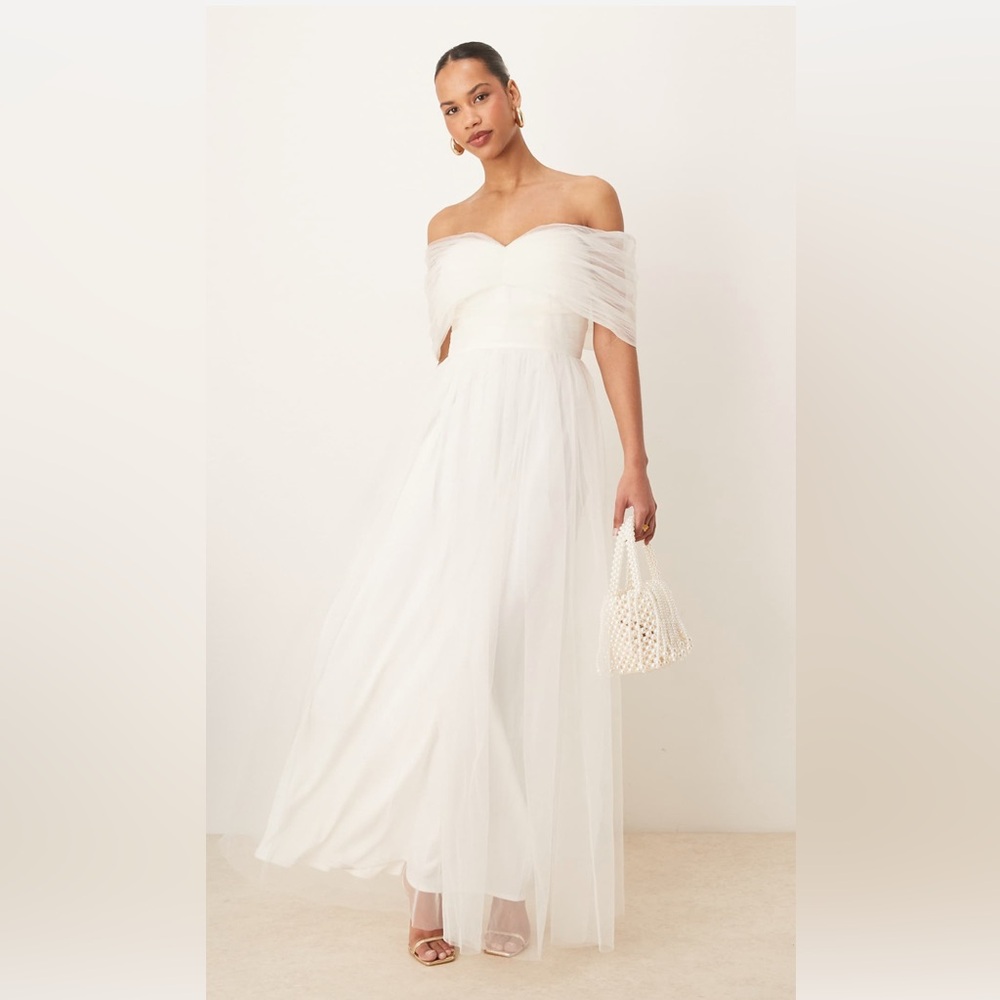 Lace & Beads bow off shoulder tulle maxi dress in ivory